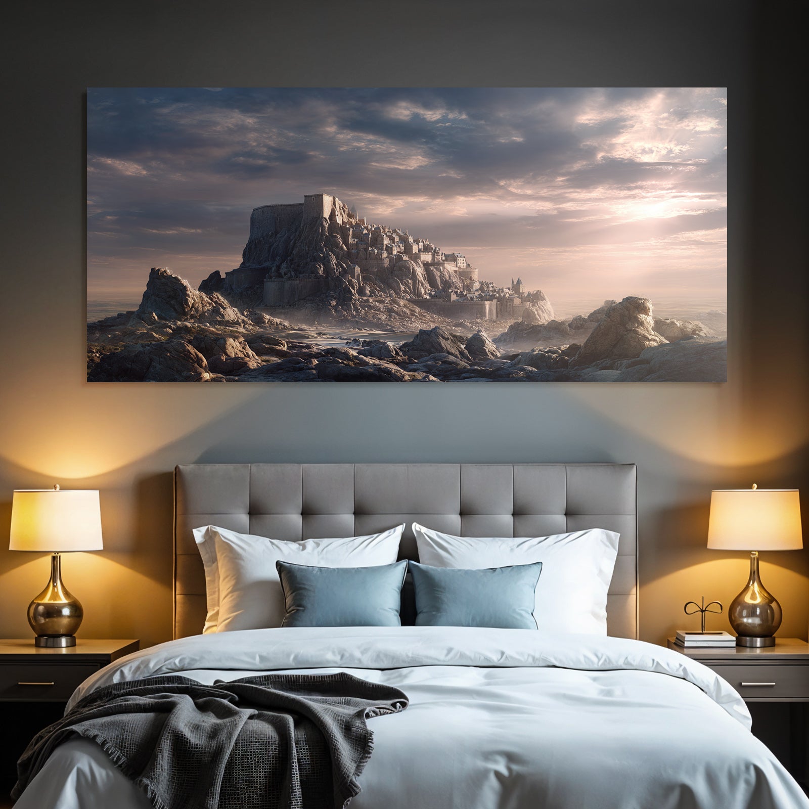 Dramatic landscape with castle on rock, mystical atmosphere