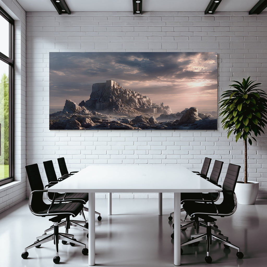 Dramatic landscape with castle on rock, mystical atmosphere