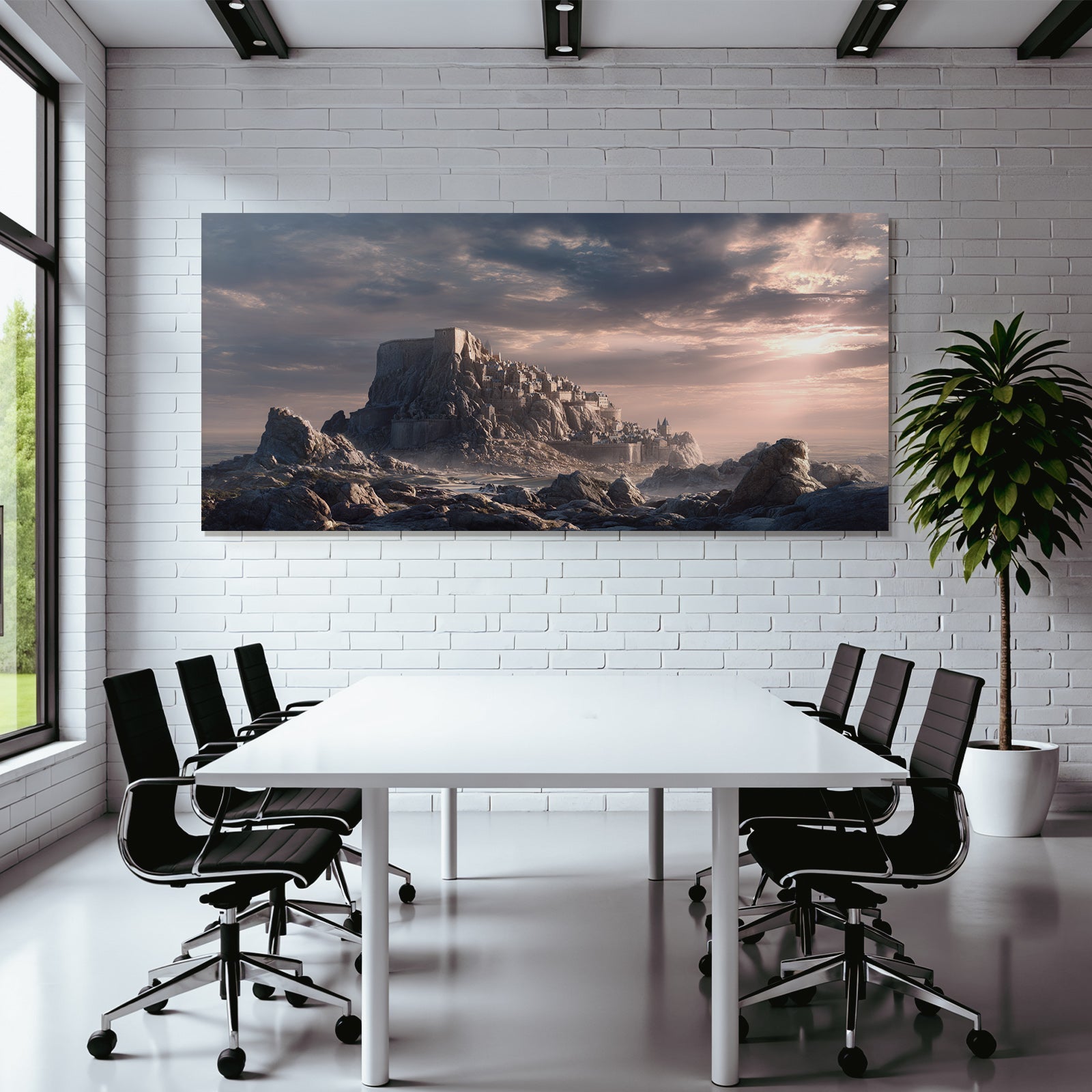 Dramatic landscape with castle on rock, mystical atmosphere