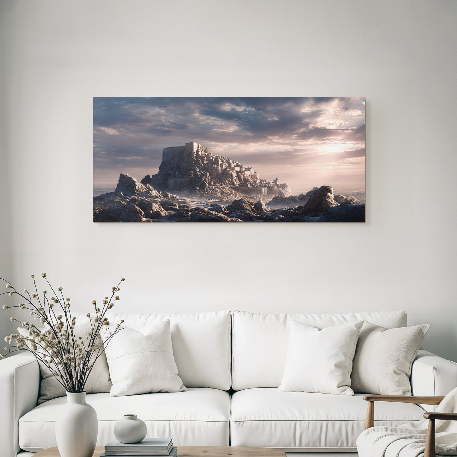 Dramatic landscape with castle on rock, mystical atmosphere