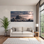 Dramatic landscape with castle on rock, mystical atmosphere