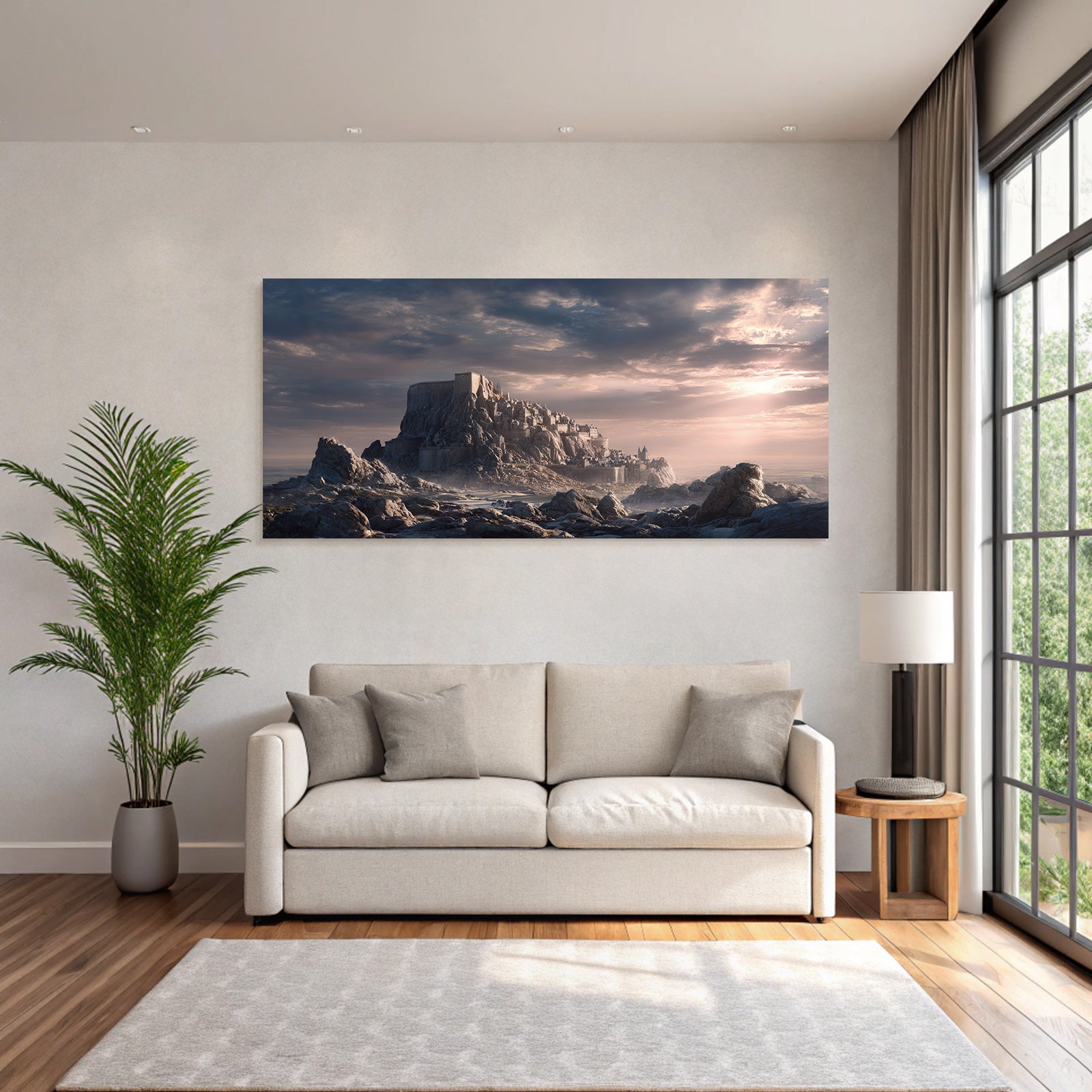 Dramatic landscape with castle on rock, mystical atmosphere