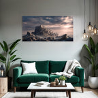 Dramatic landscape with castle on rock, mystical atmosphere