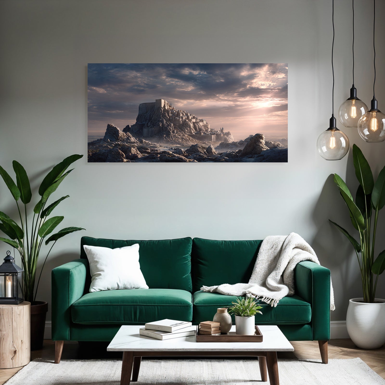 Dramatic landscape with castle on rock, mystical atmosphere