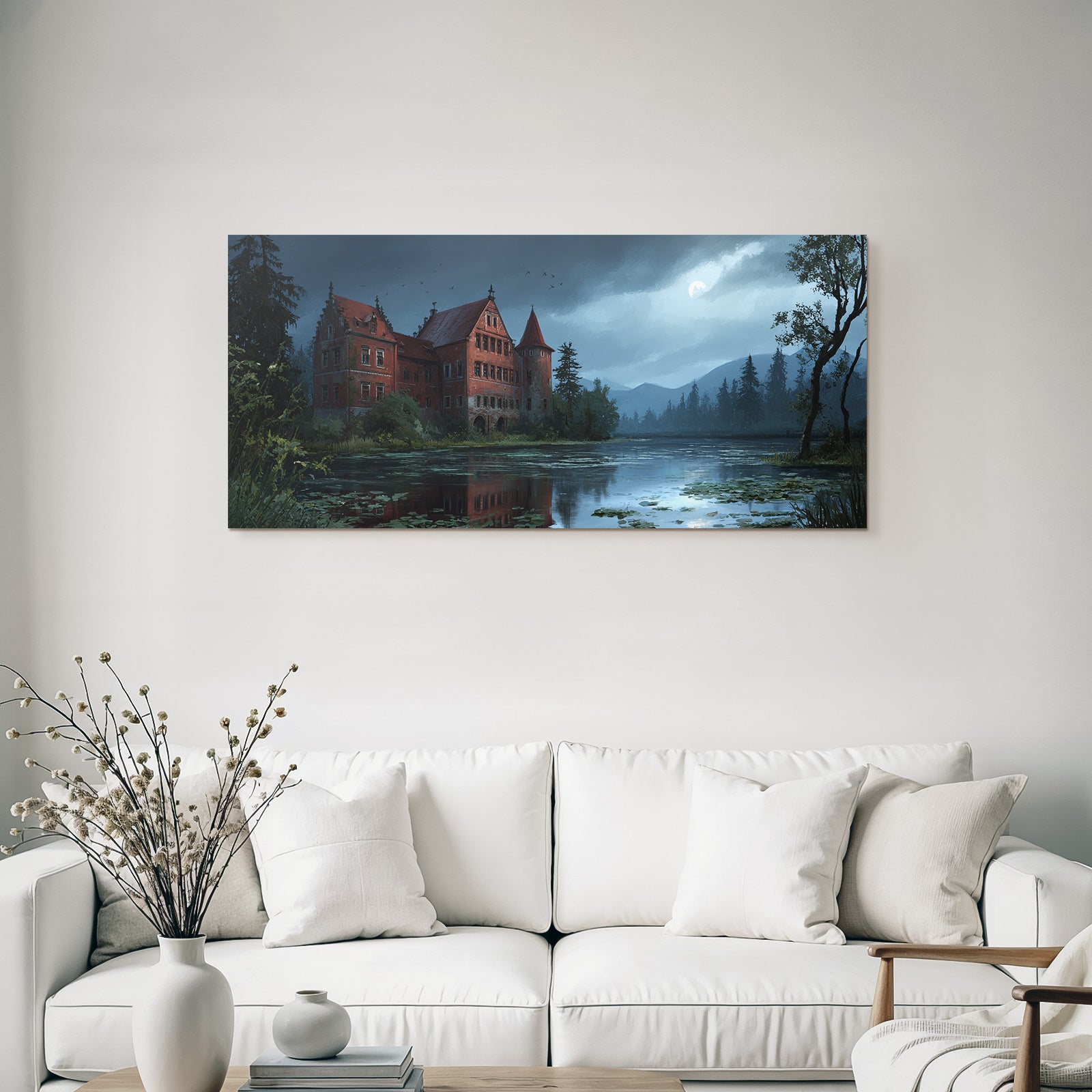 Dark atmospheric scene old building on water with full moon