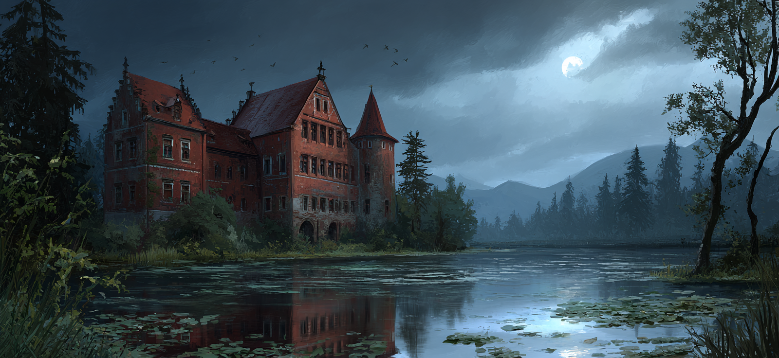 Dunkle Atmosphärische Szene Altes Gebäude Am Wasser Mit Vollmond | Scloesser und Burgen | Architektur