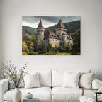 Historic castle with tower in the green under a gloomy sky