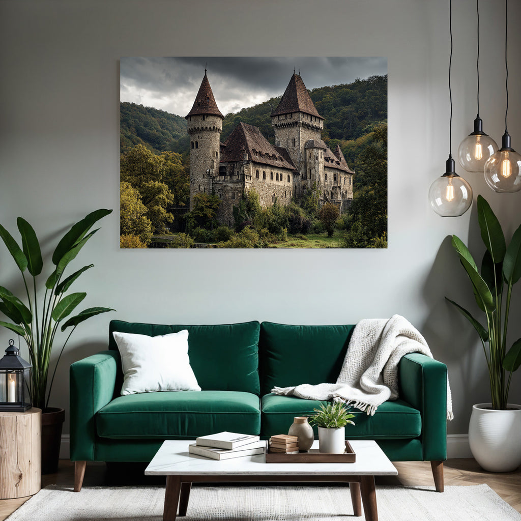Historic castle with tower in the green under a gloomy sky