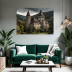 Historic castle with tower in the green under a gloomy sky