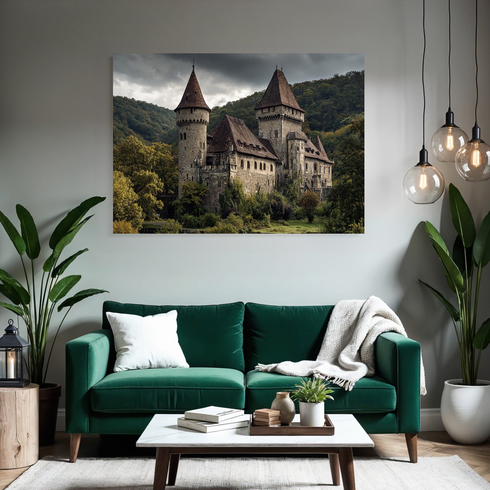 Historic castle with tower in the green under a gloomy sky