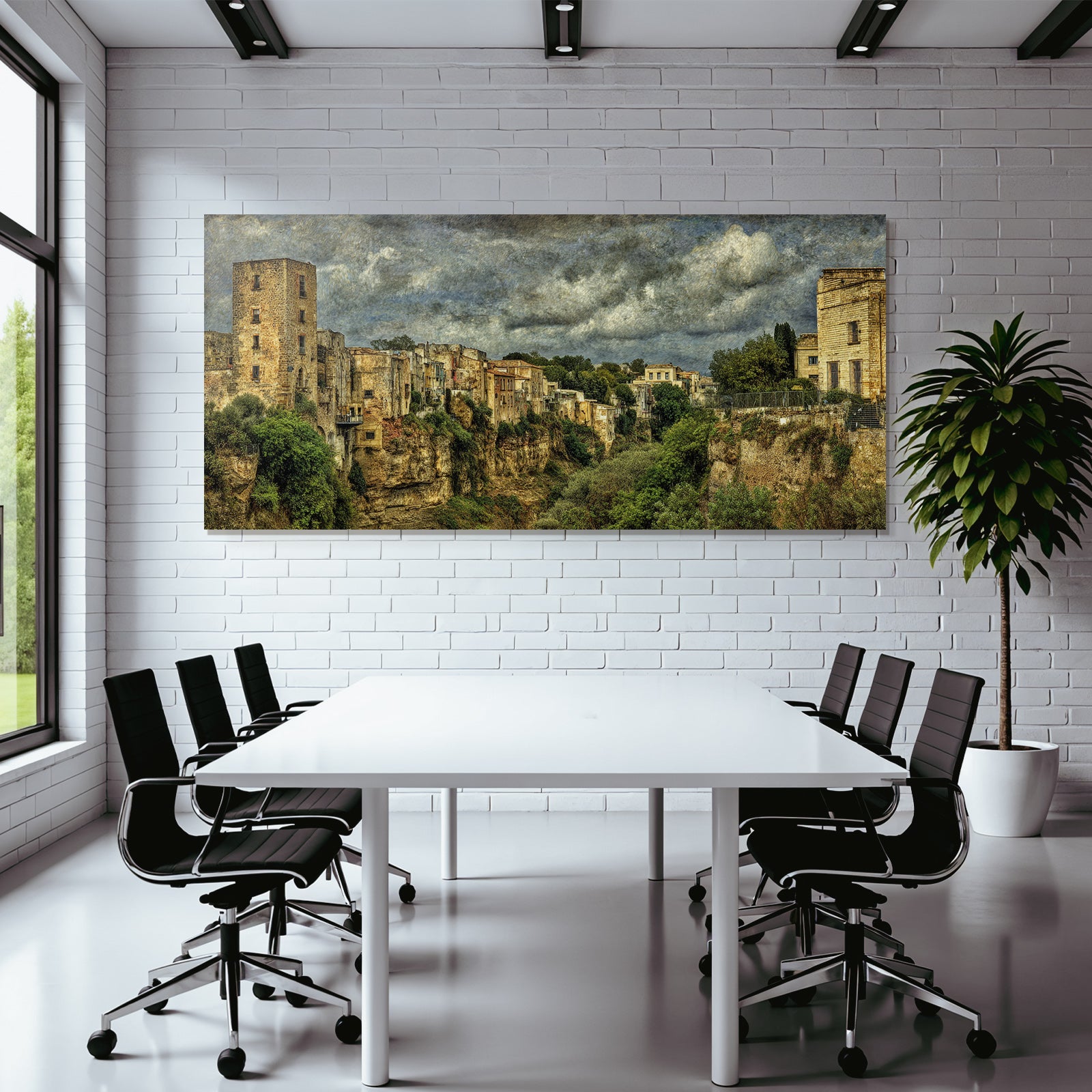 Historic landscape on the cliff with valuable buildings and green background