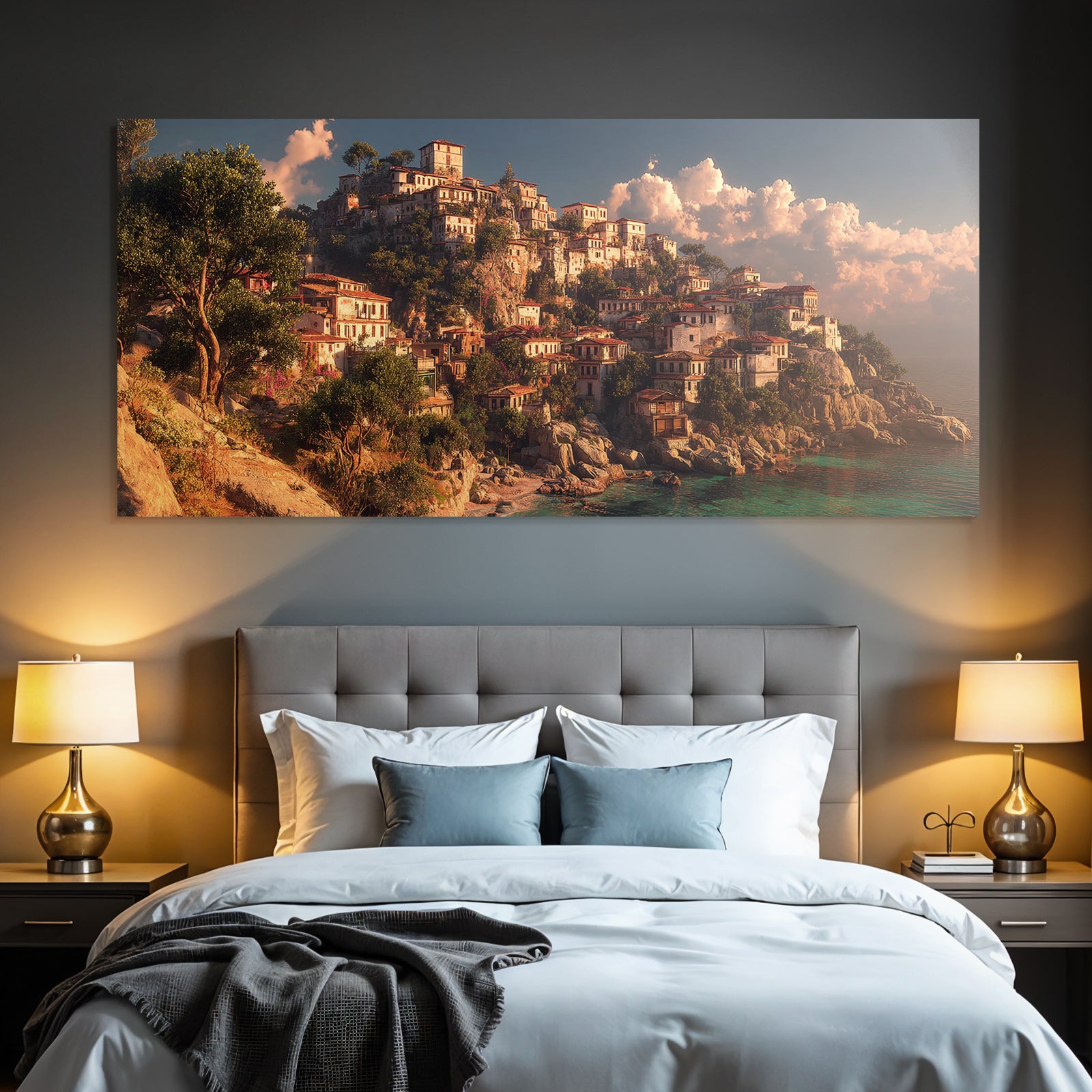 Coastal Village Painting Rocky Hill and Sea View