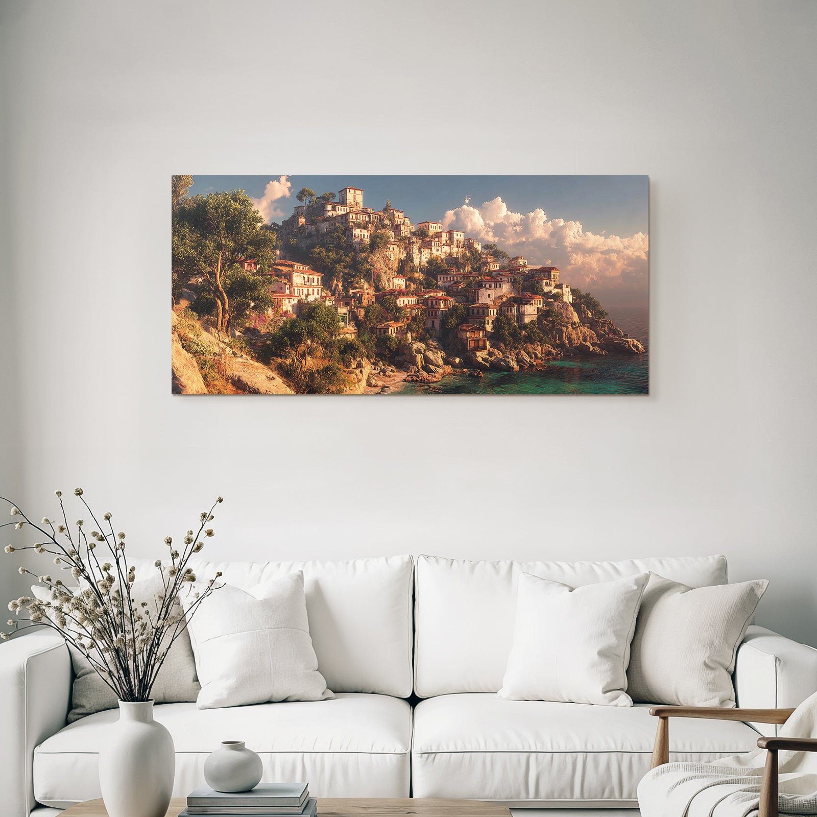 Coastal Village Painting Rocky Hill and Sea View