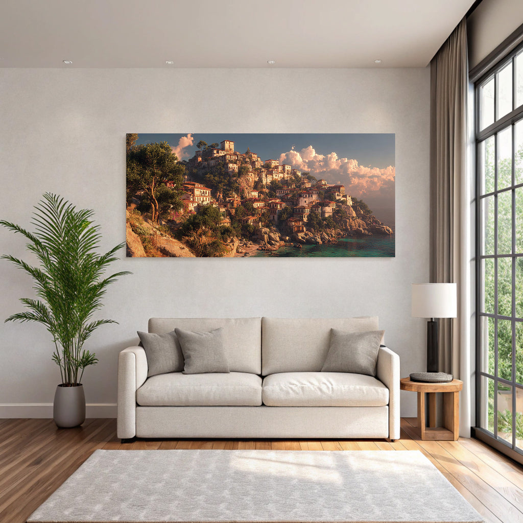 Coastal Village Painting Rocky Hill and Sea View