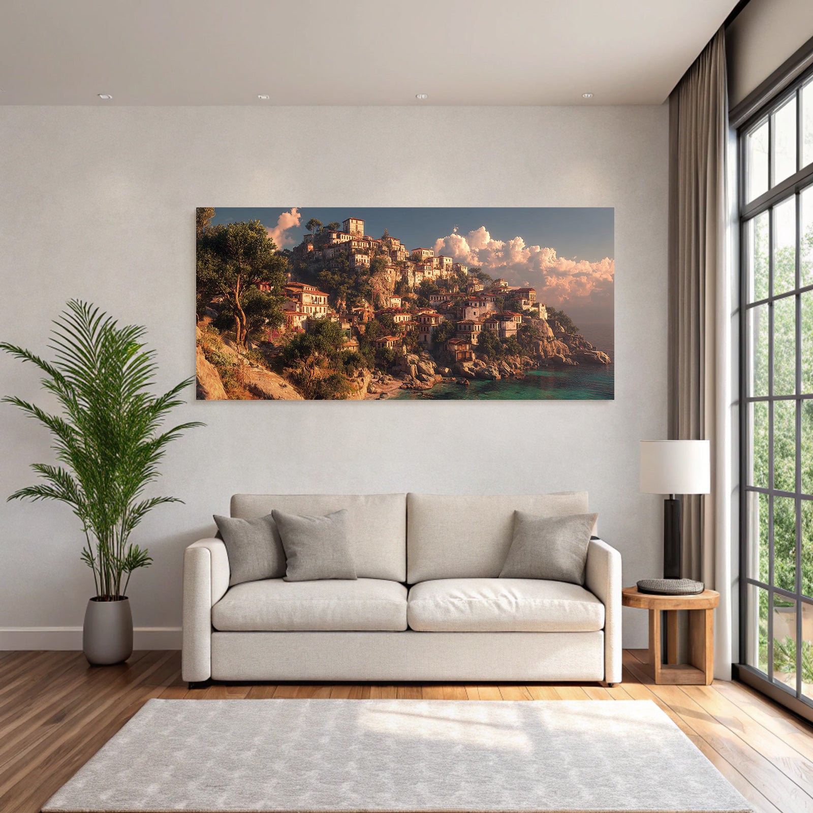Coastal Village Painting Rocky Hill and Sea View
