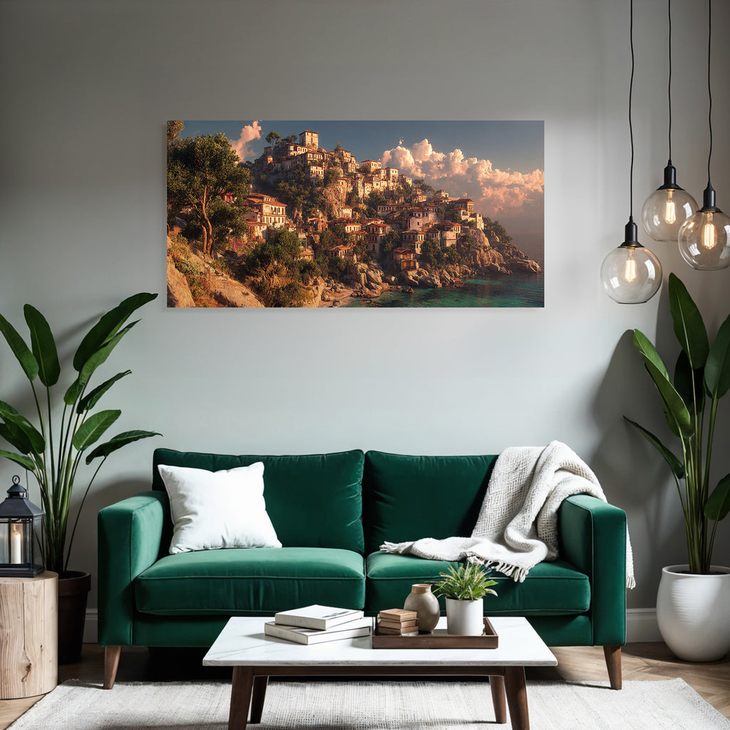 Coastal Village Painting Rocky Hill and Sea View