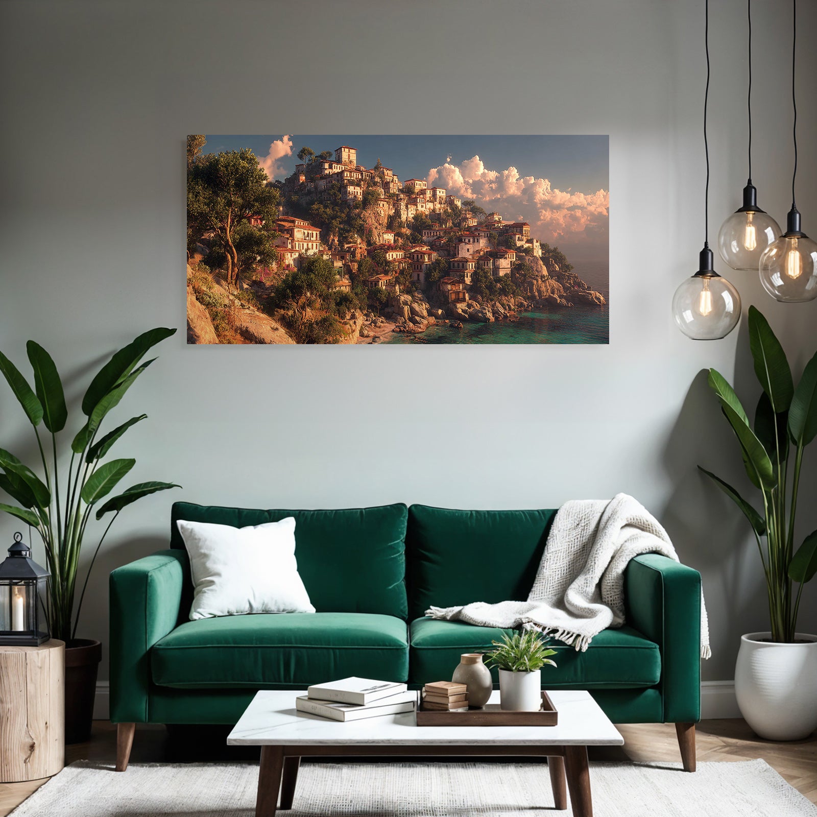 Coastal Village Painting Rocky Hill and Sea View