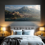 Coastal Town With Red Roofs And Mountains Fantasy Landscape