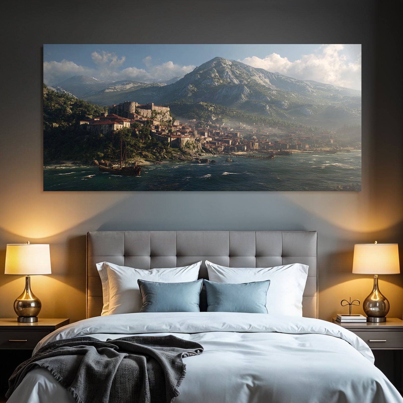Coastal Town With Red Roofs And Mountains Fantasy Landscape