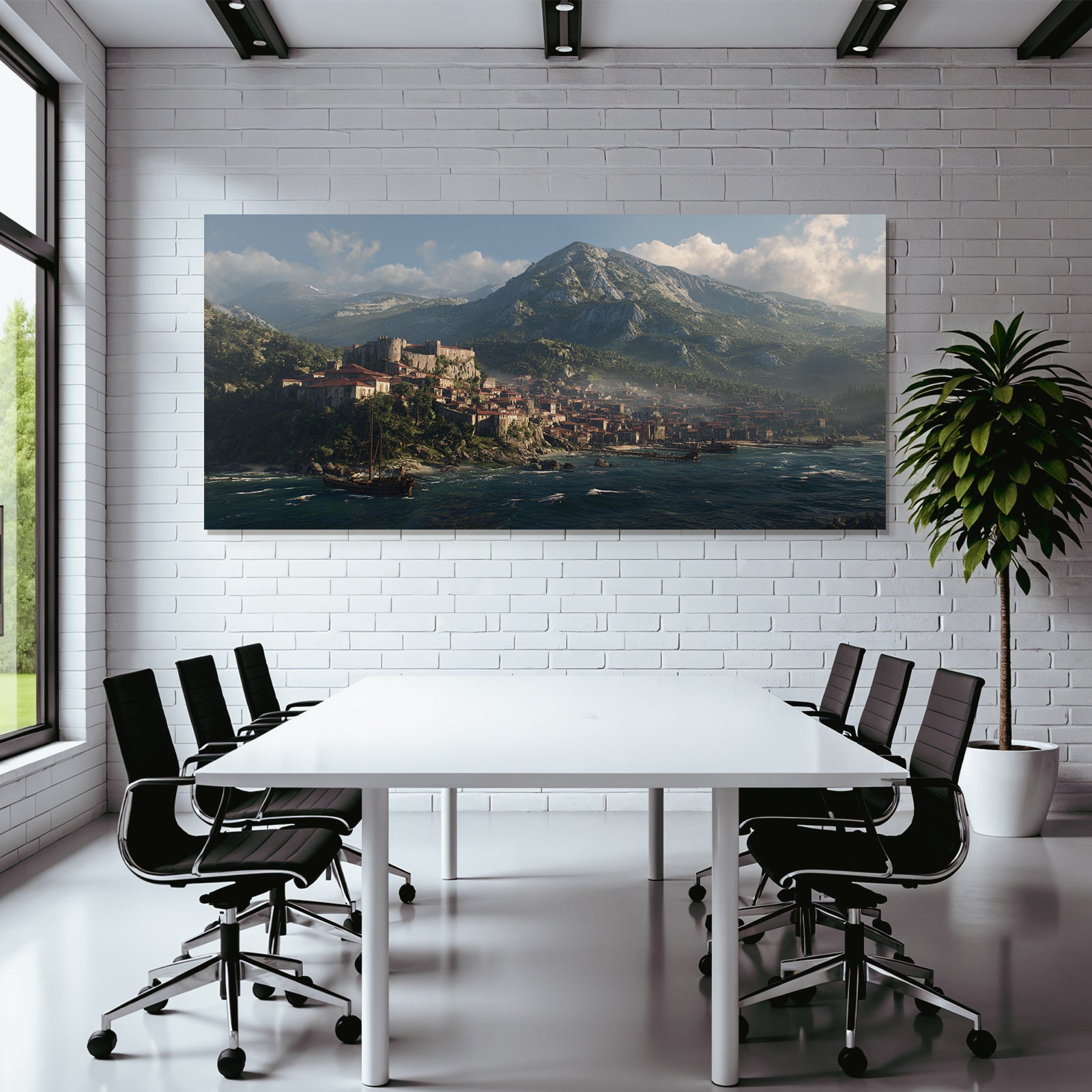 Coastal Town With Red Roofs And Mountains Fantasy Landscape
