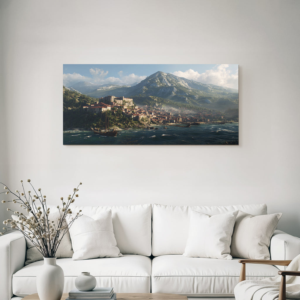 Coastal Town With Red Roofs And Mountains Fantasy Landscape