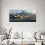 Coastal Town With Red Roofs And Mountains Fantasy Landscape