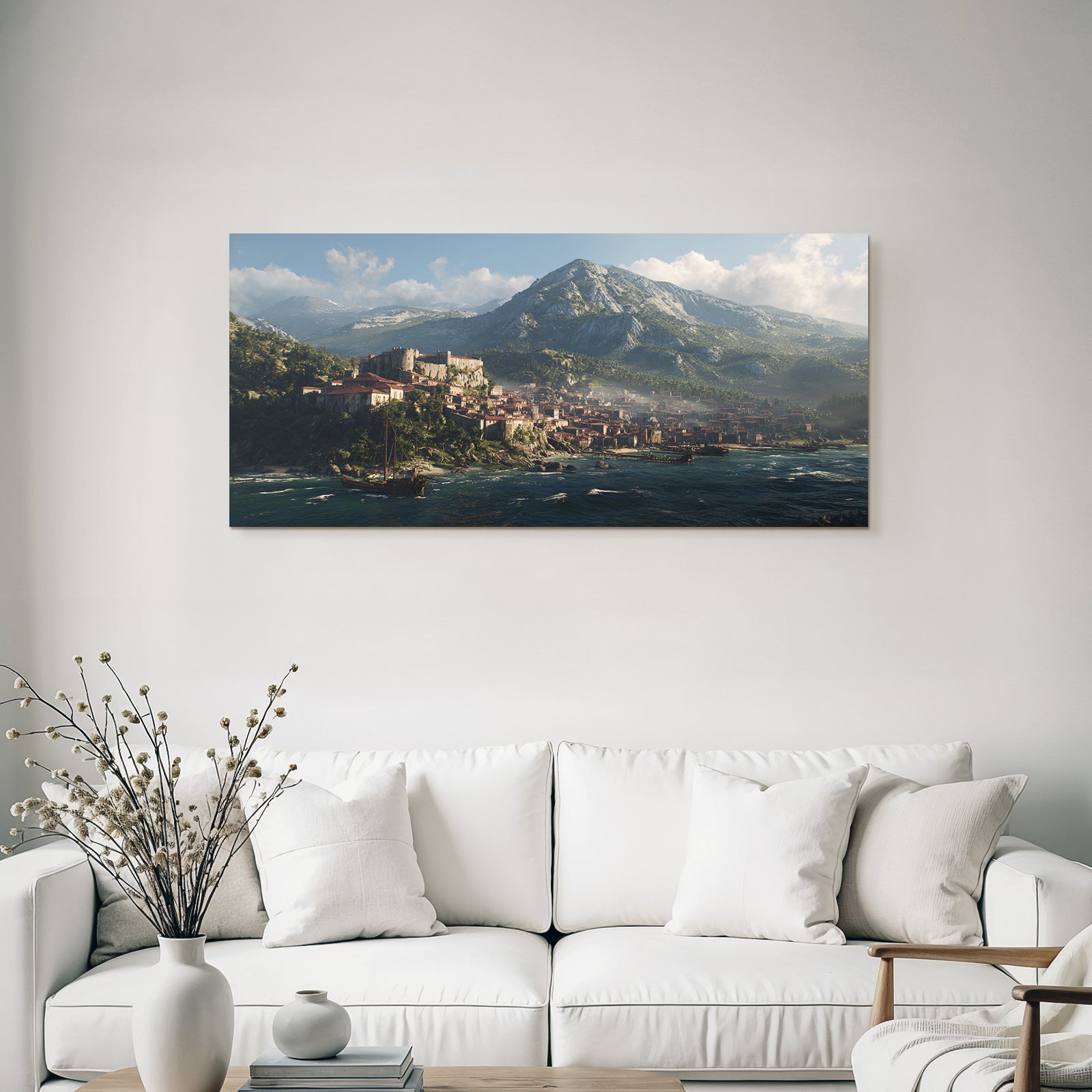 Coastal Town With Red Roofs And Mountains Fantasy Landscape