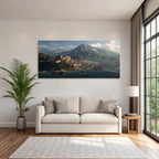 Coastal Town With Red Roofs And Mountains Fantasy Landscape