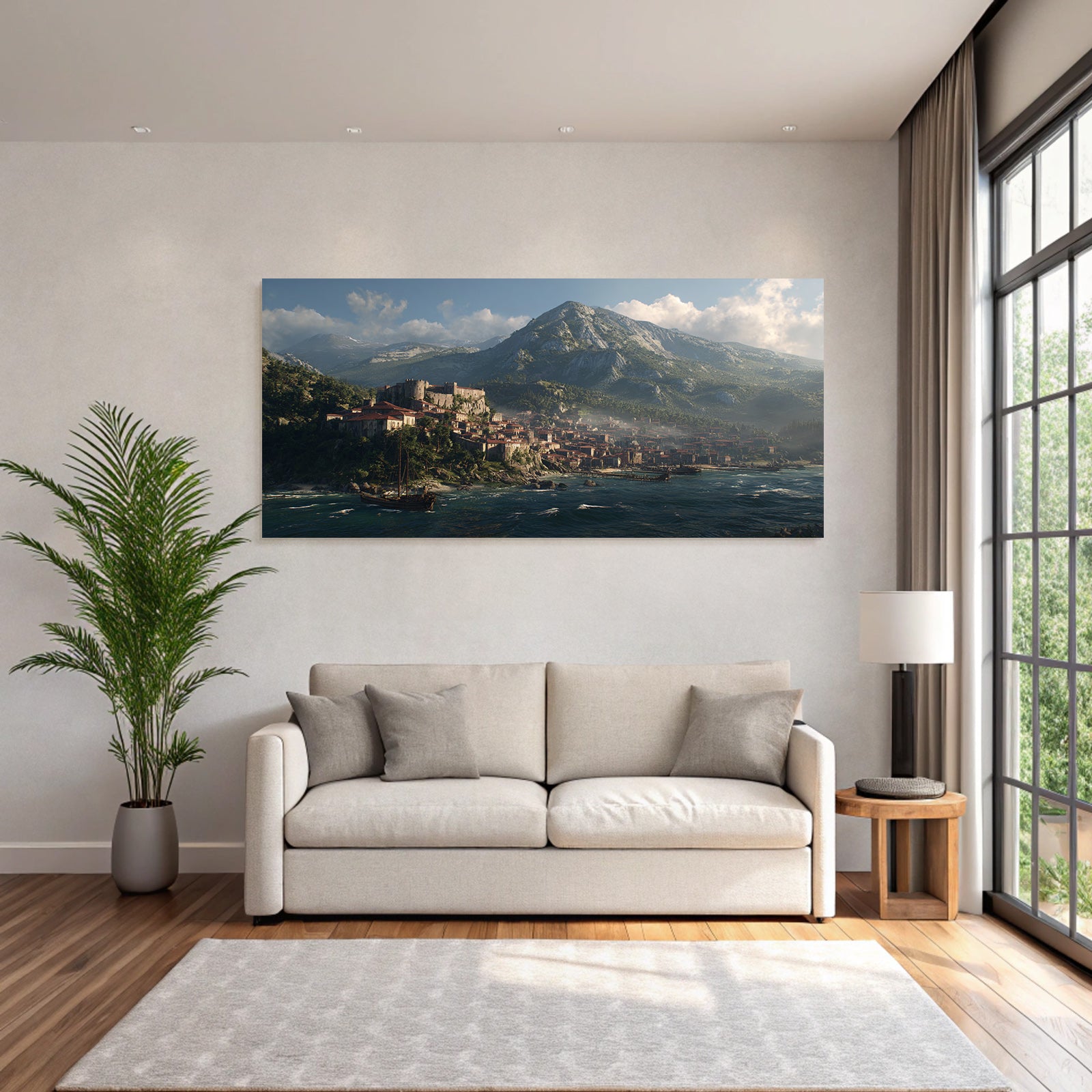 Coastal Town With Red Roofs And Mountains Fantasy Landscape