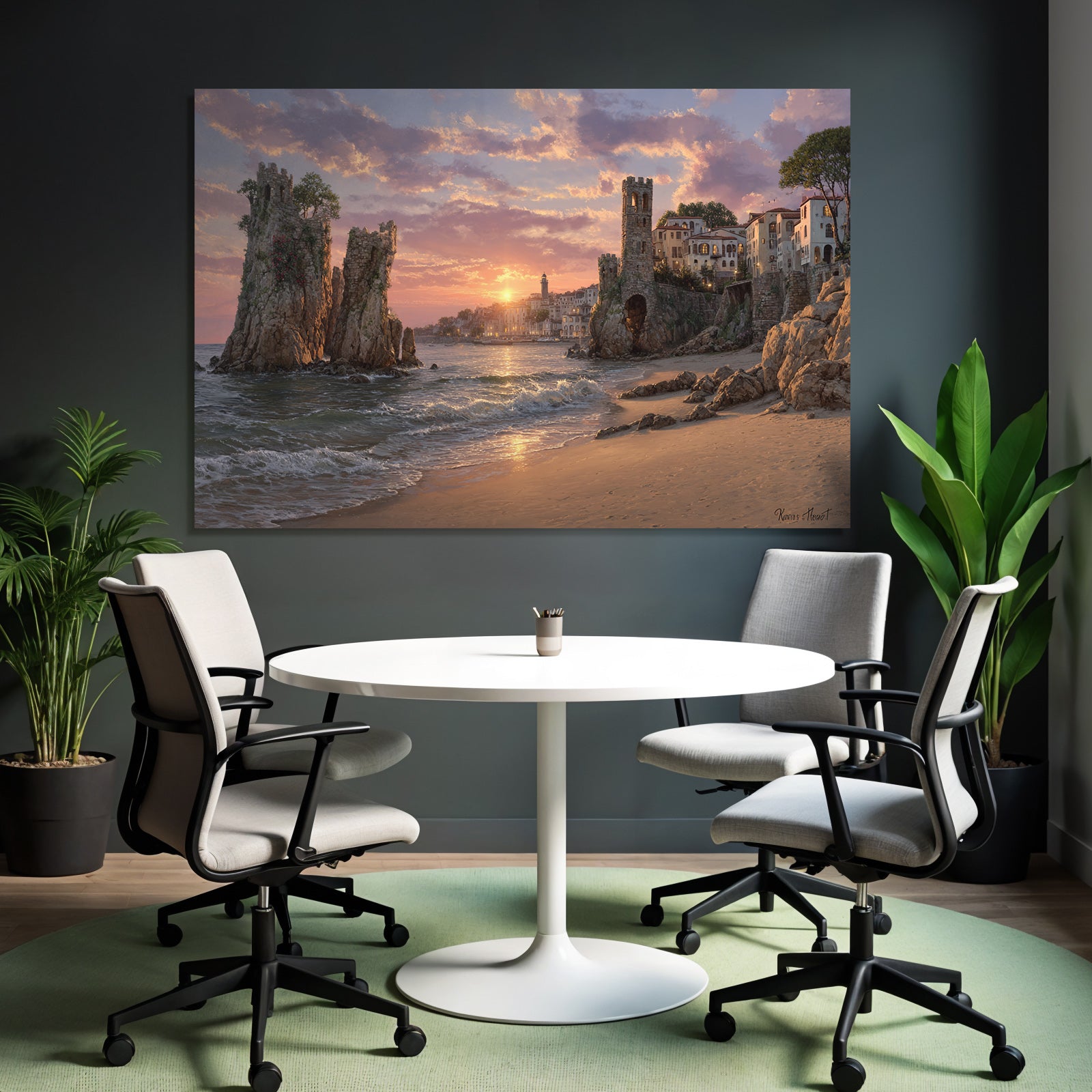 Coastal scene at sunset with ruins and Mediterranean Sea