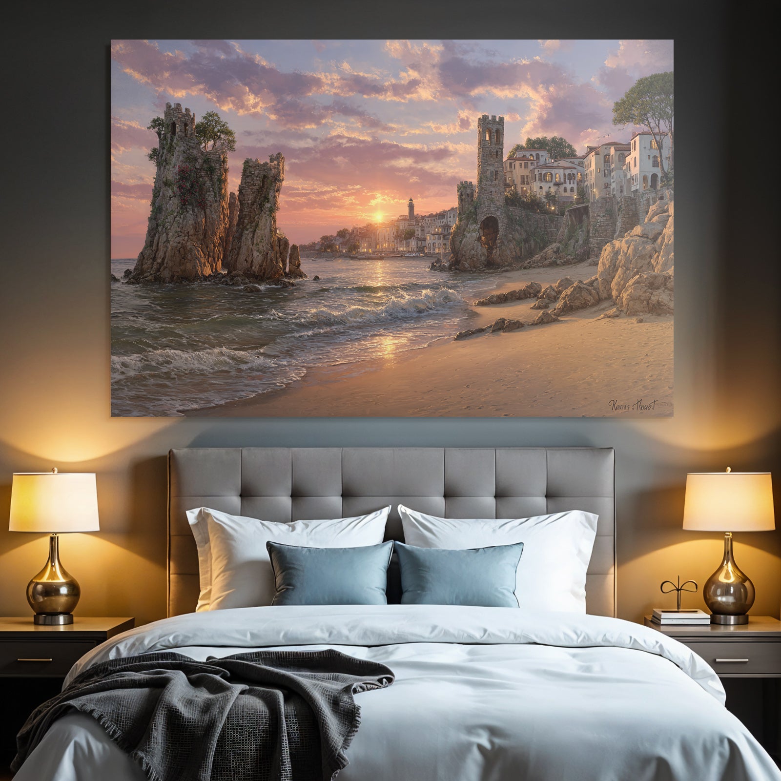 Coastal scene at sunset with ruins and Mediterranean Sea