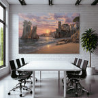 Coastal scene at sunset with ruins and Mediterranean Sea