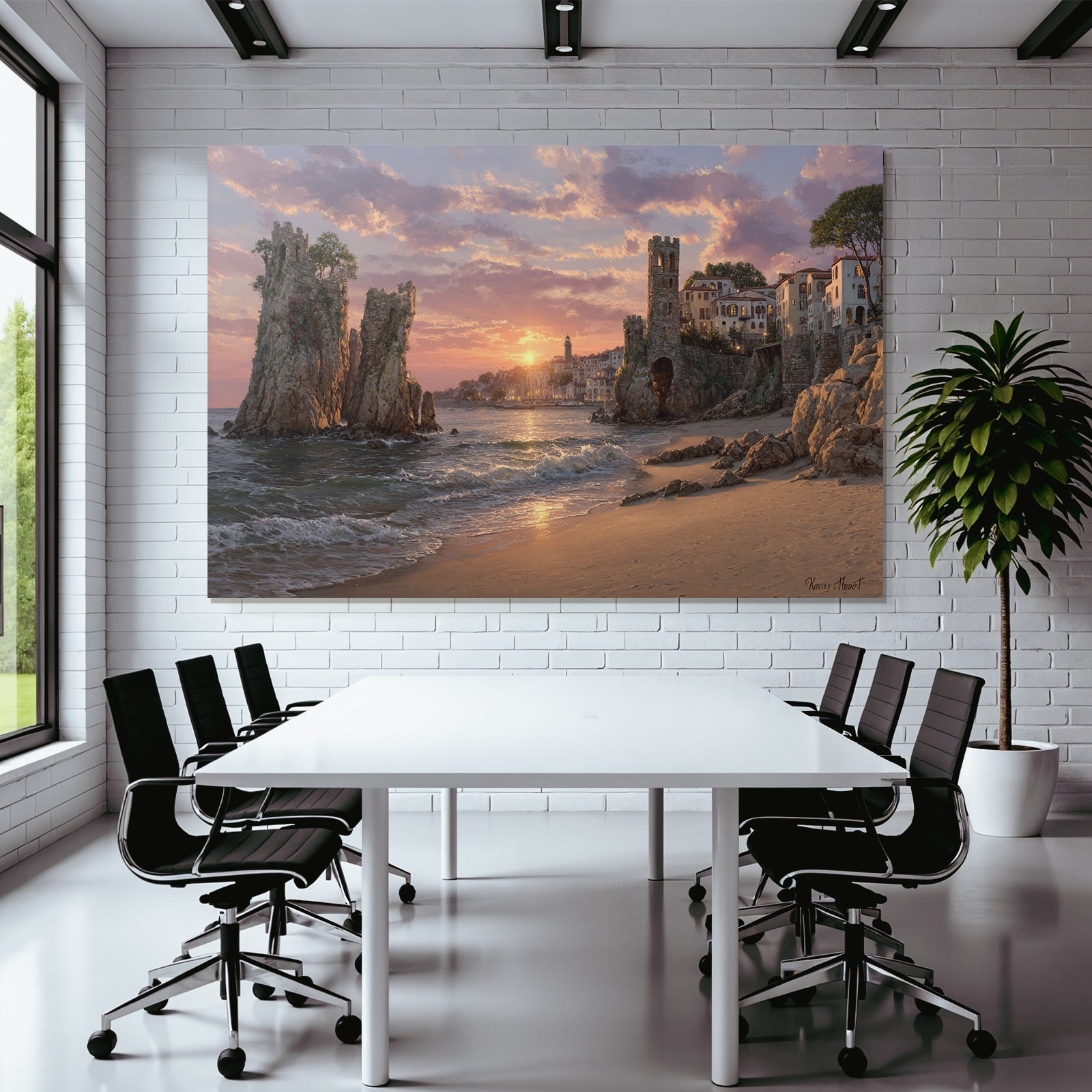 Coastal scene at sunset with ruins and Mediterranean Sea