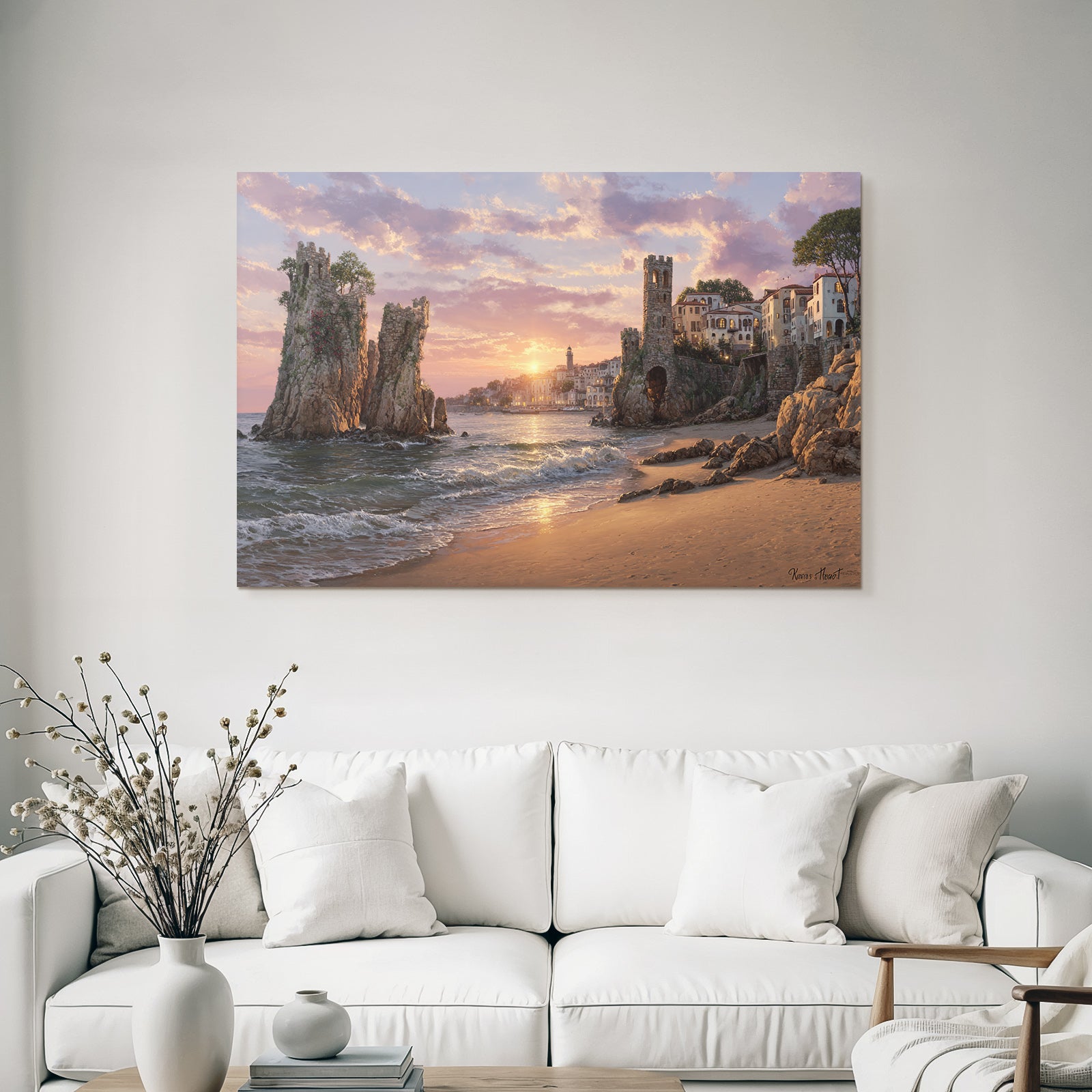 Coastal scene at sunset with ruins and Mediterranean Sea