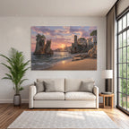 Coastal scene at sunset with ruins and Mediterranean Sea