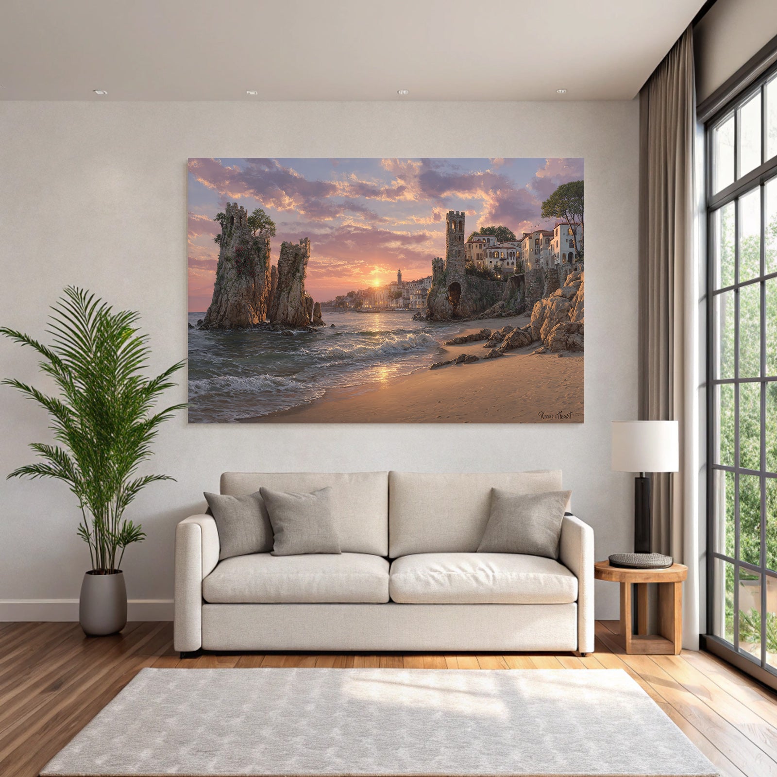 Coastal scene at sunset with ruins and Mediterranean Sea