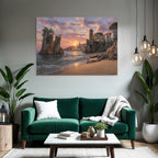 Coastal scene at sunset with ruins and Mediterranean Sea