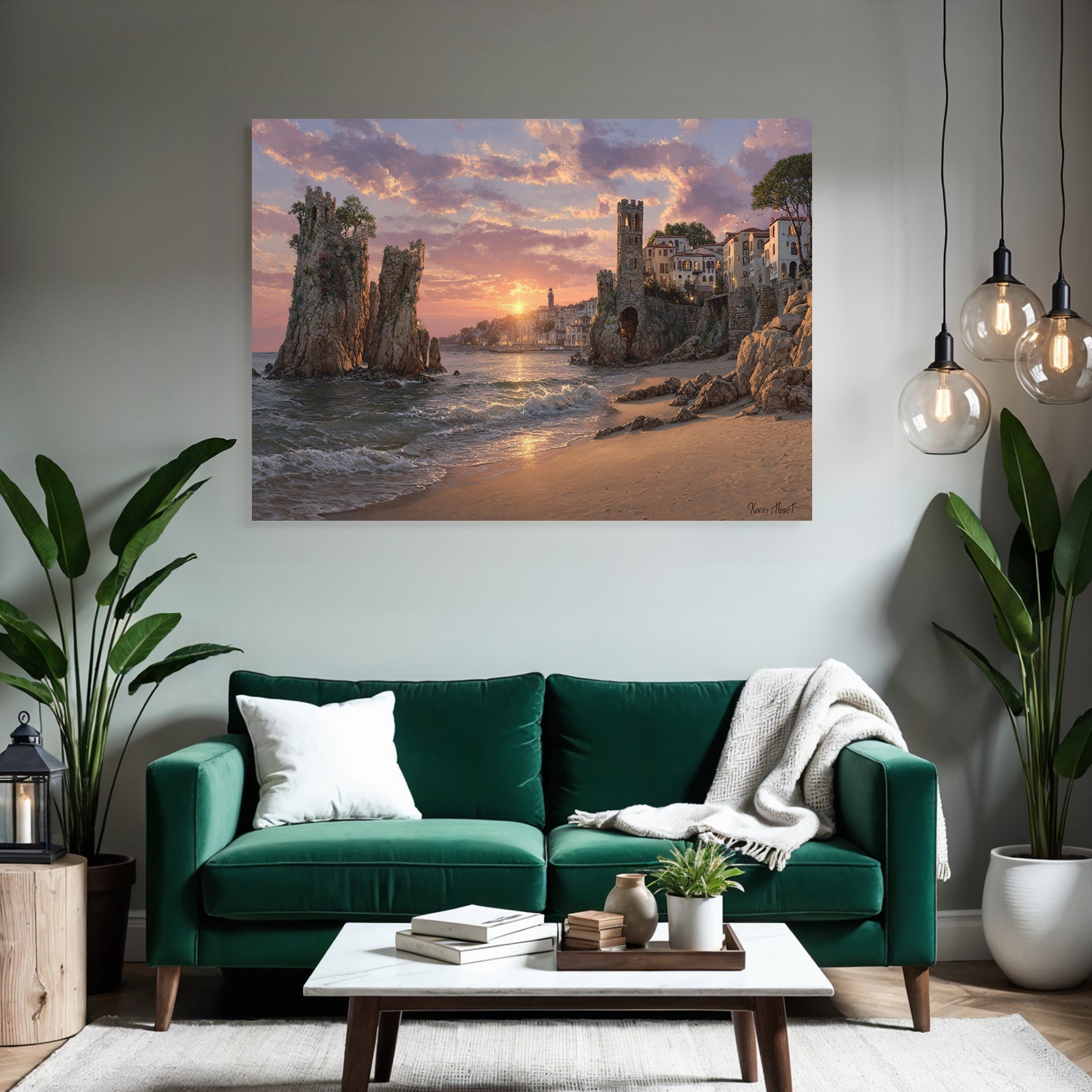 Coastal scene at sunset with ruins and Mediterranean Sea