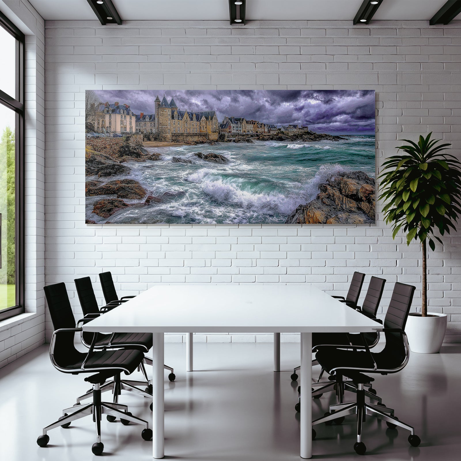 Coastal landscape with rocks, waves and old buildings