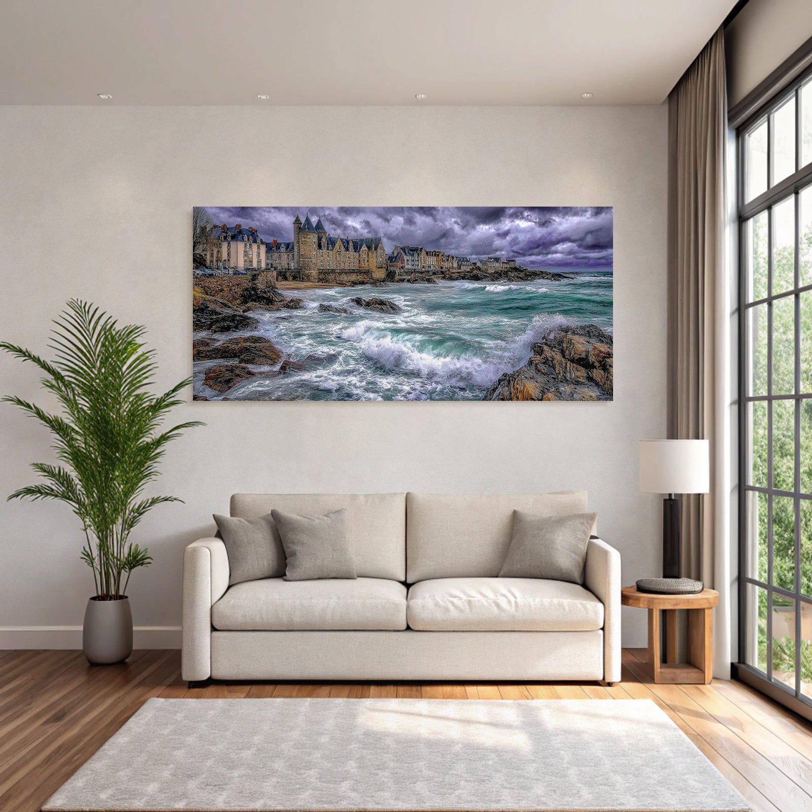 Coastal landscape with rocks, waves and old buildings
