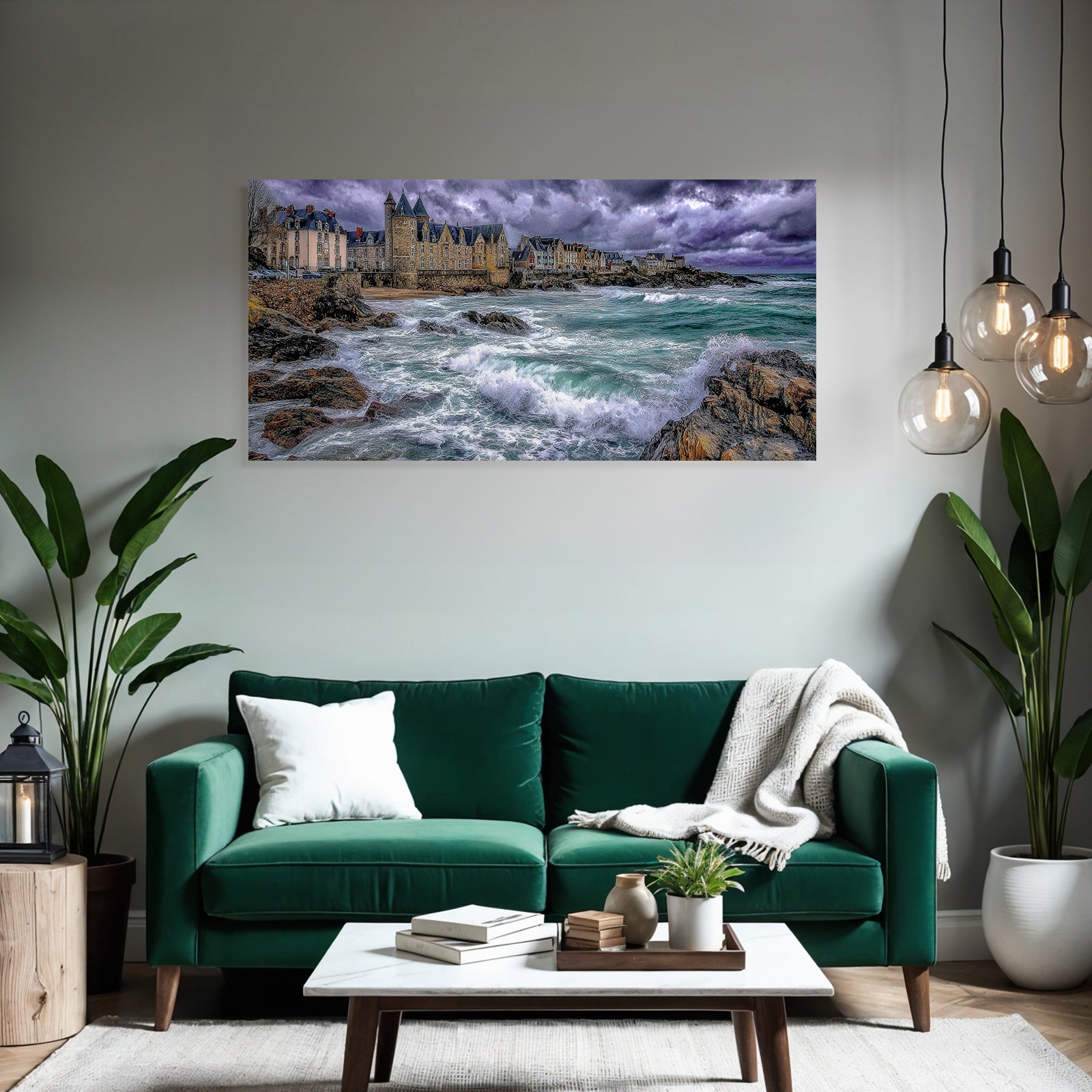 Coastal landscape with rocks, waves and old buildings