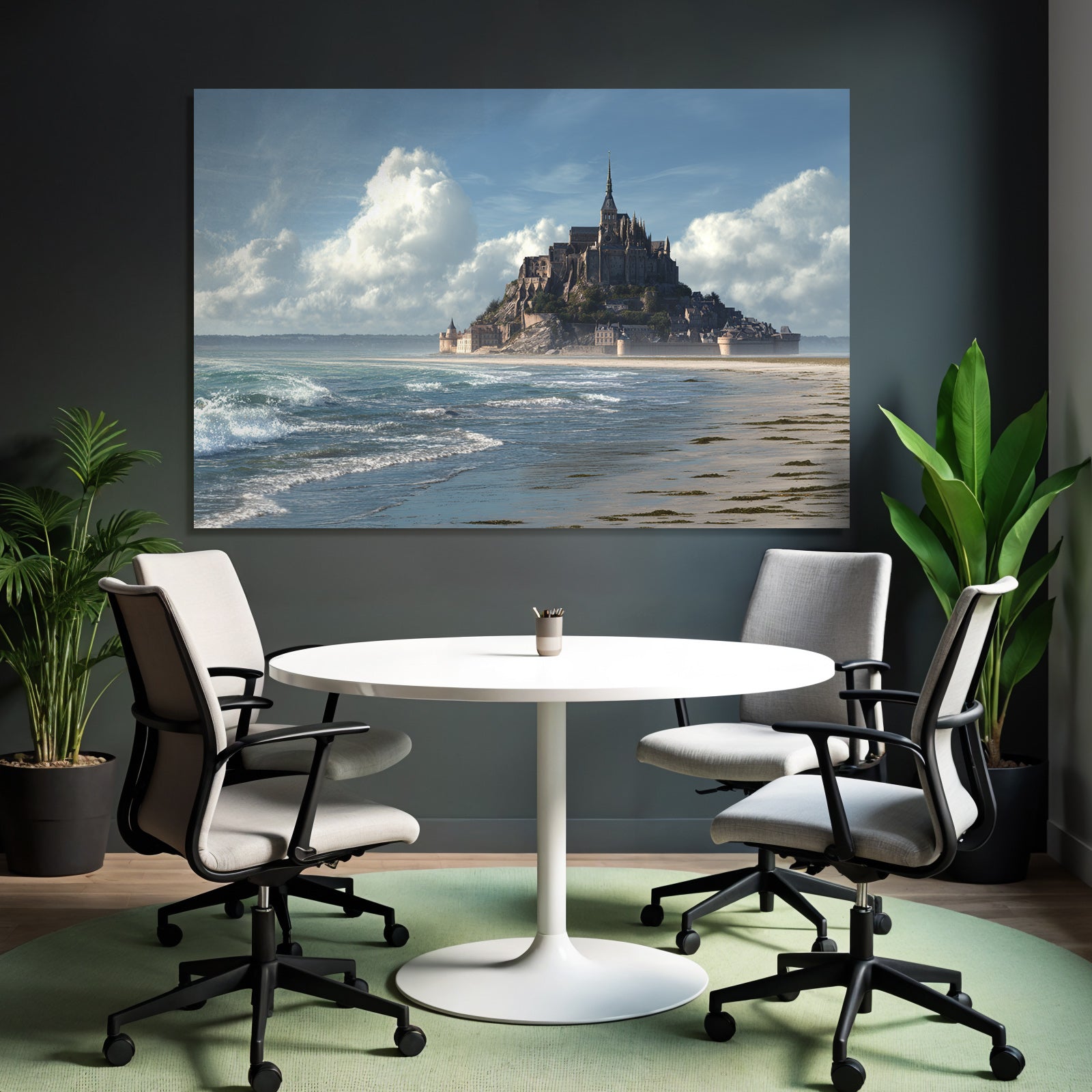 Coastal scene with castle and sea background blue tones