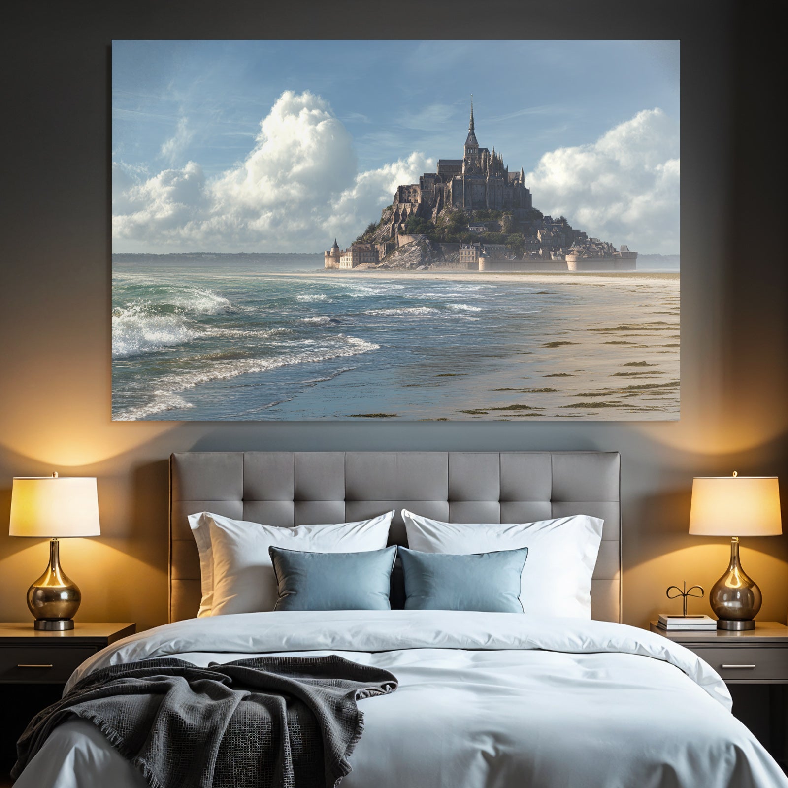 Coastal scene with castle and sea background blue tones