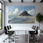 Coastal scene with castle and sea background blue tones
