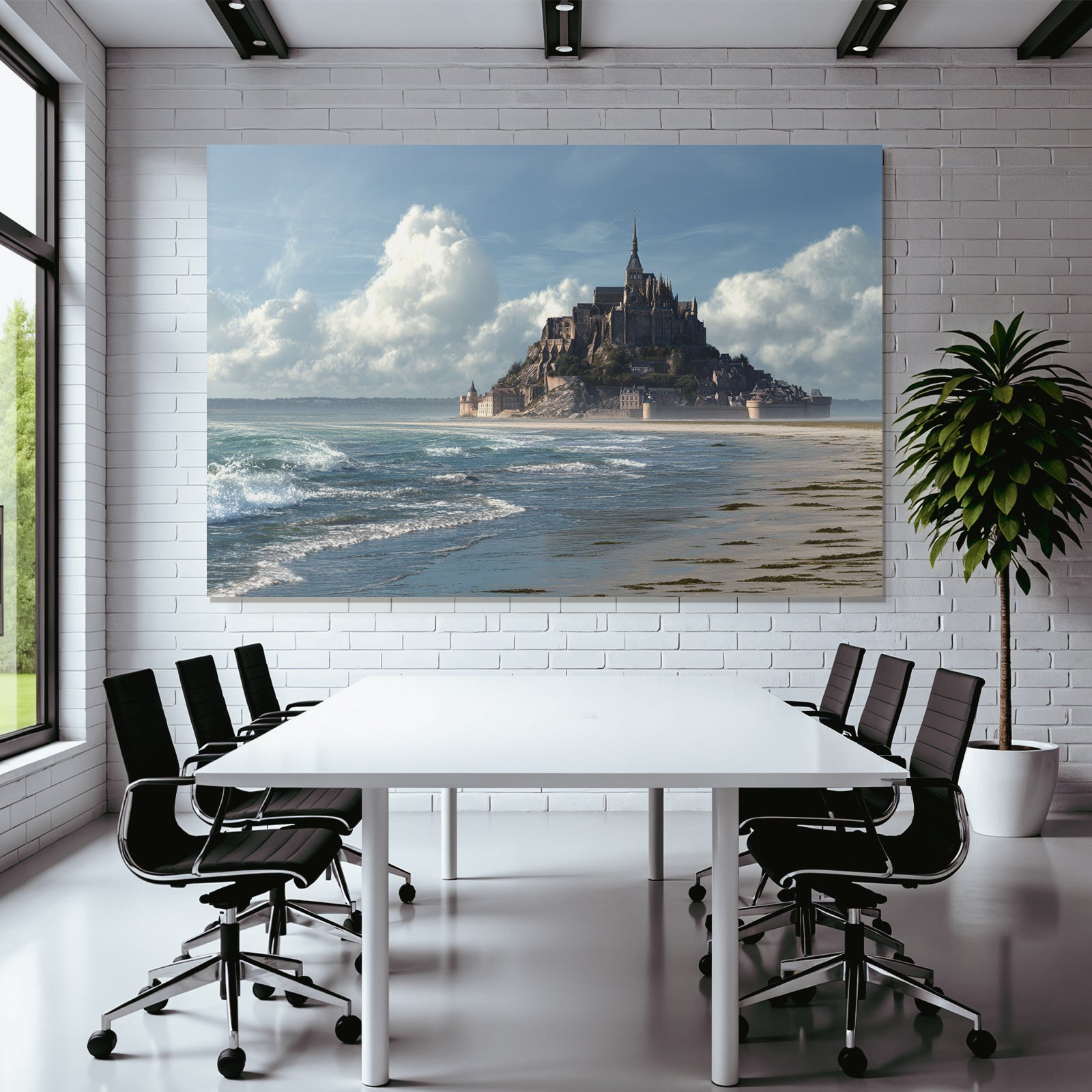 Coastal scene with castle and sea background blue tones