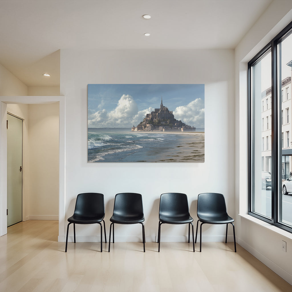 Coastal scene with castle and sea background blue tones