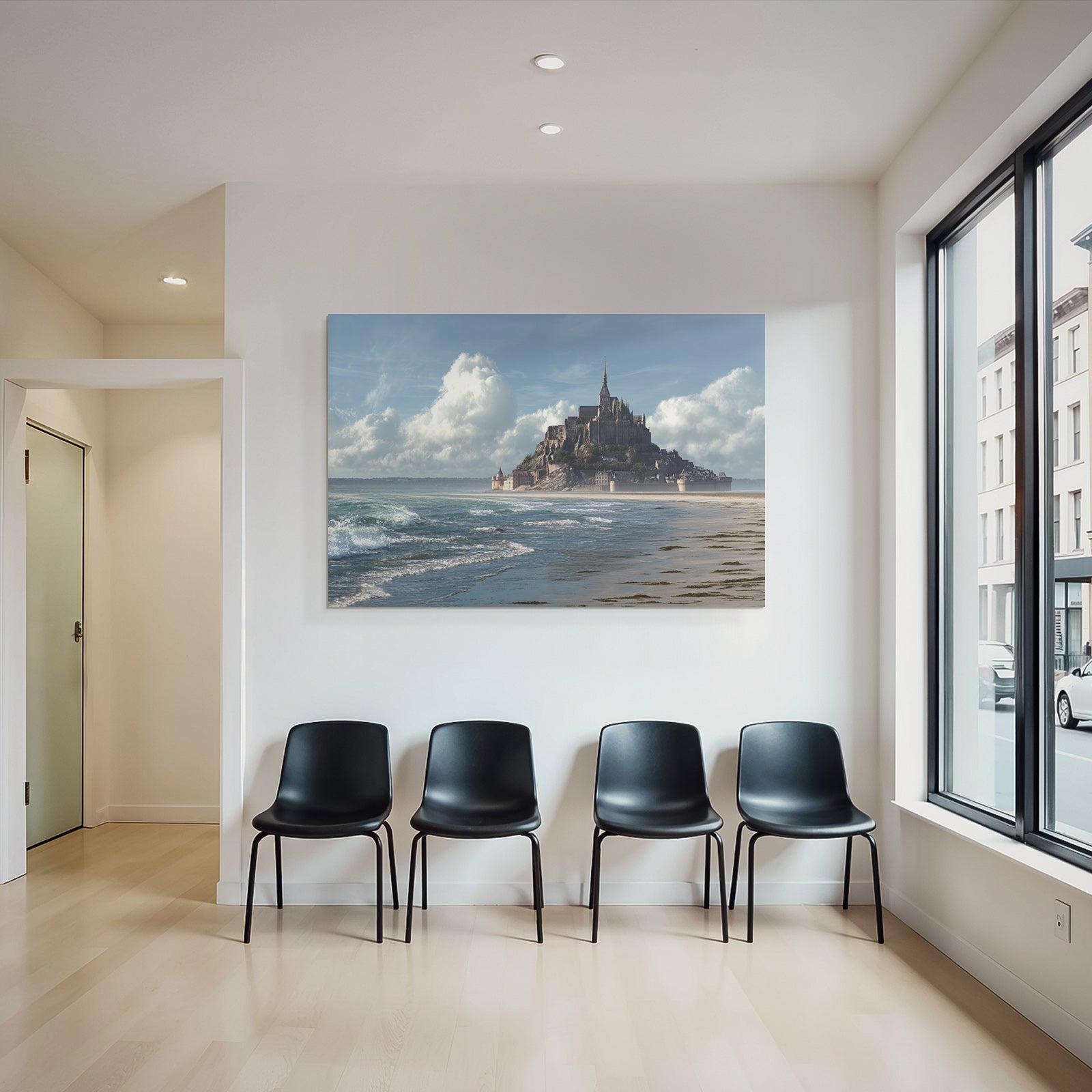 Coastal scene with castle and sea background blue tones