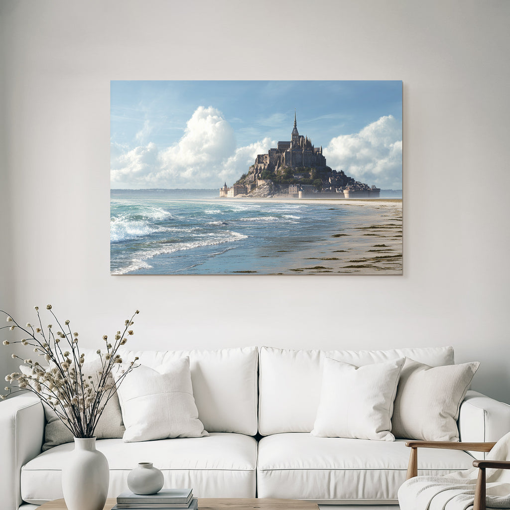 Coastal scene with castle and sea background blue tones