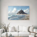 Coastal scene with castle and sea background blue tones