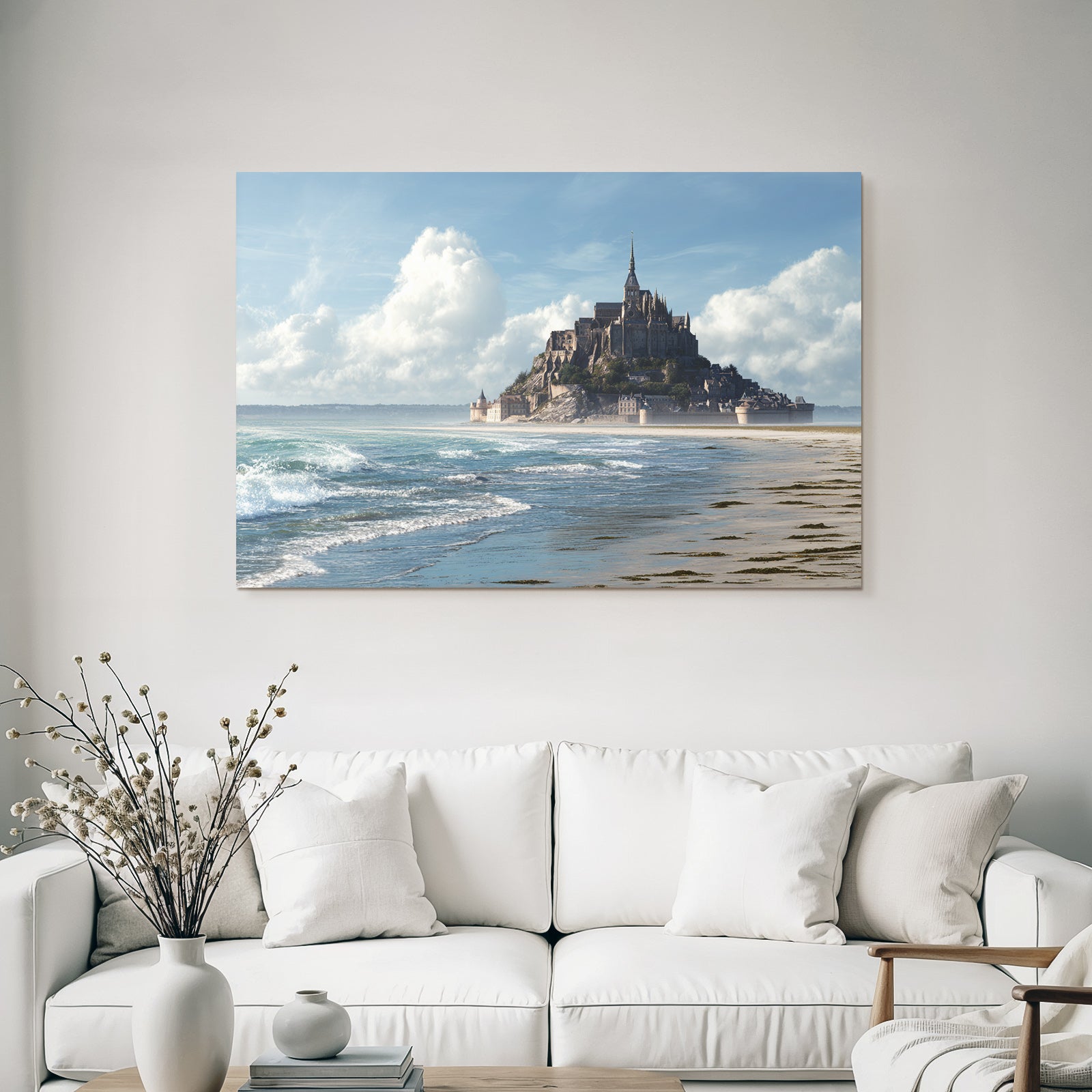 Coastal scene with castle and sea background blue tones